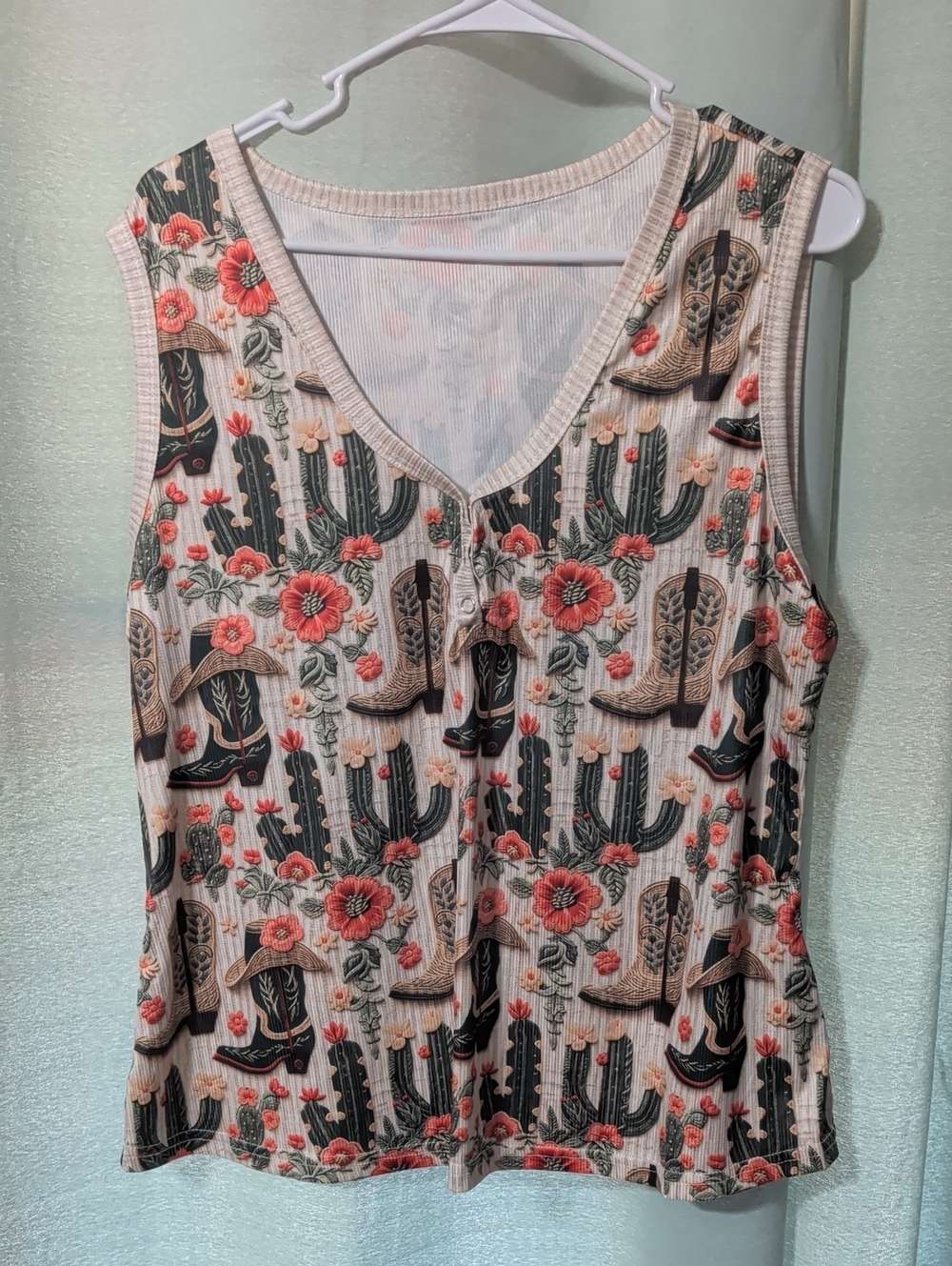 Sleeveless V-Neck Tank Top in Cream with Coral Floral & Western Boot Motif